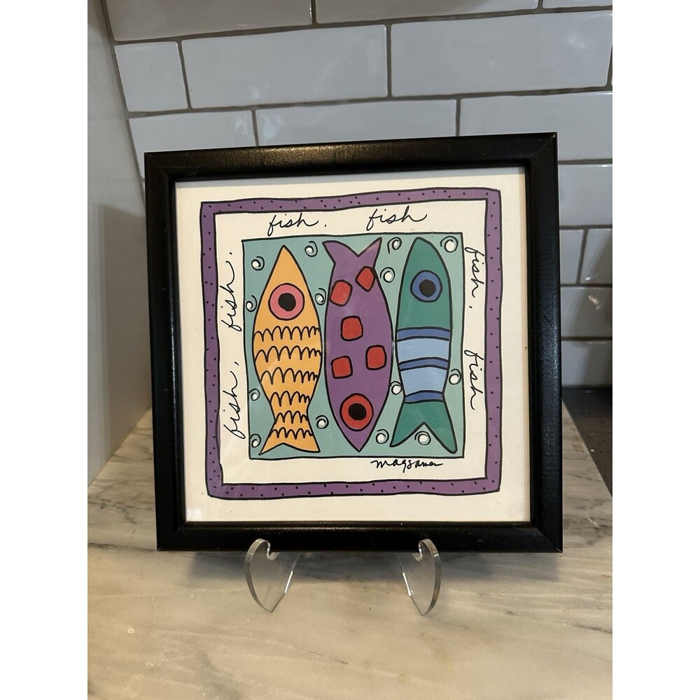 Vintage Sandra Magsamen Colorful Fish Fishes Framed Wall Print Decor 10x10